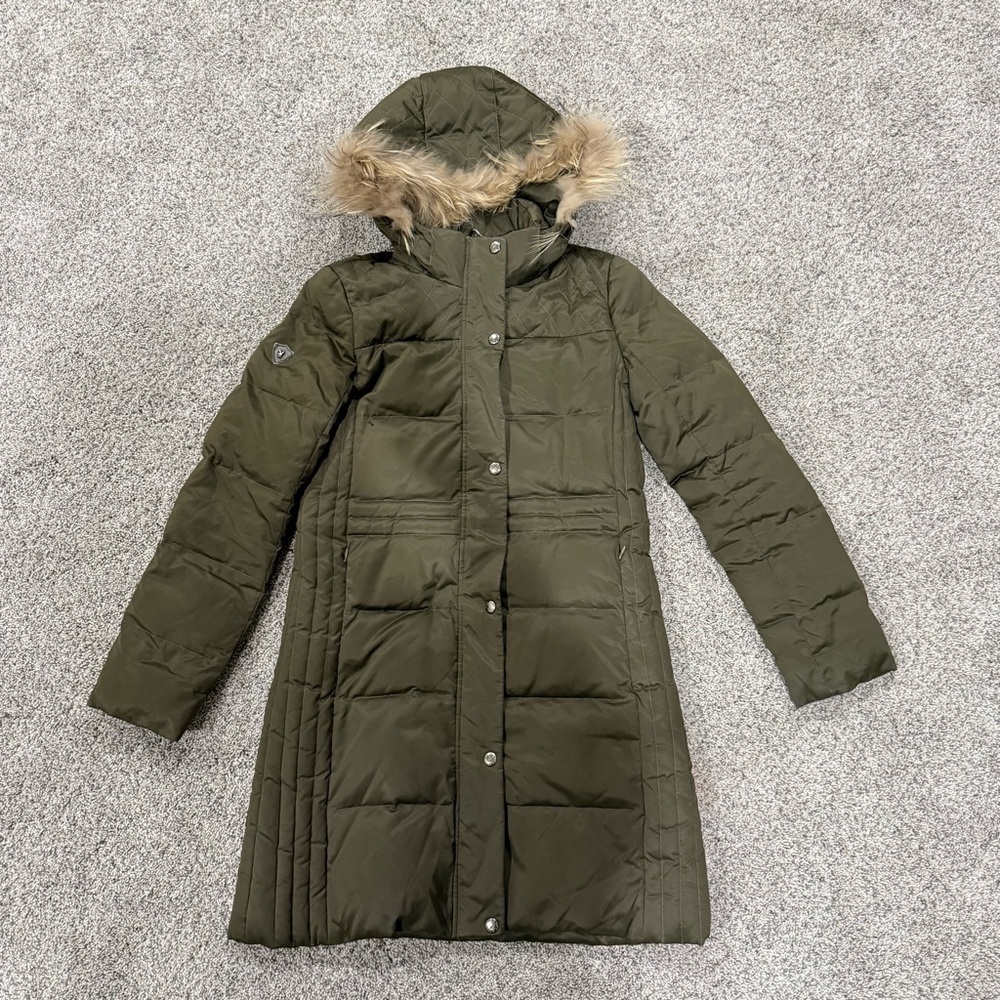 Playboy Golf Moss Green Puffer Mid Length Fur Line Hood Zip Up Coat Women’s S